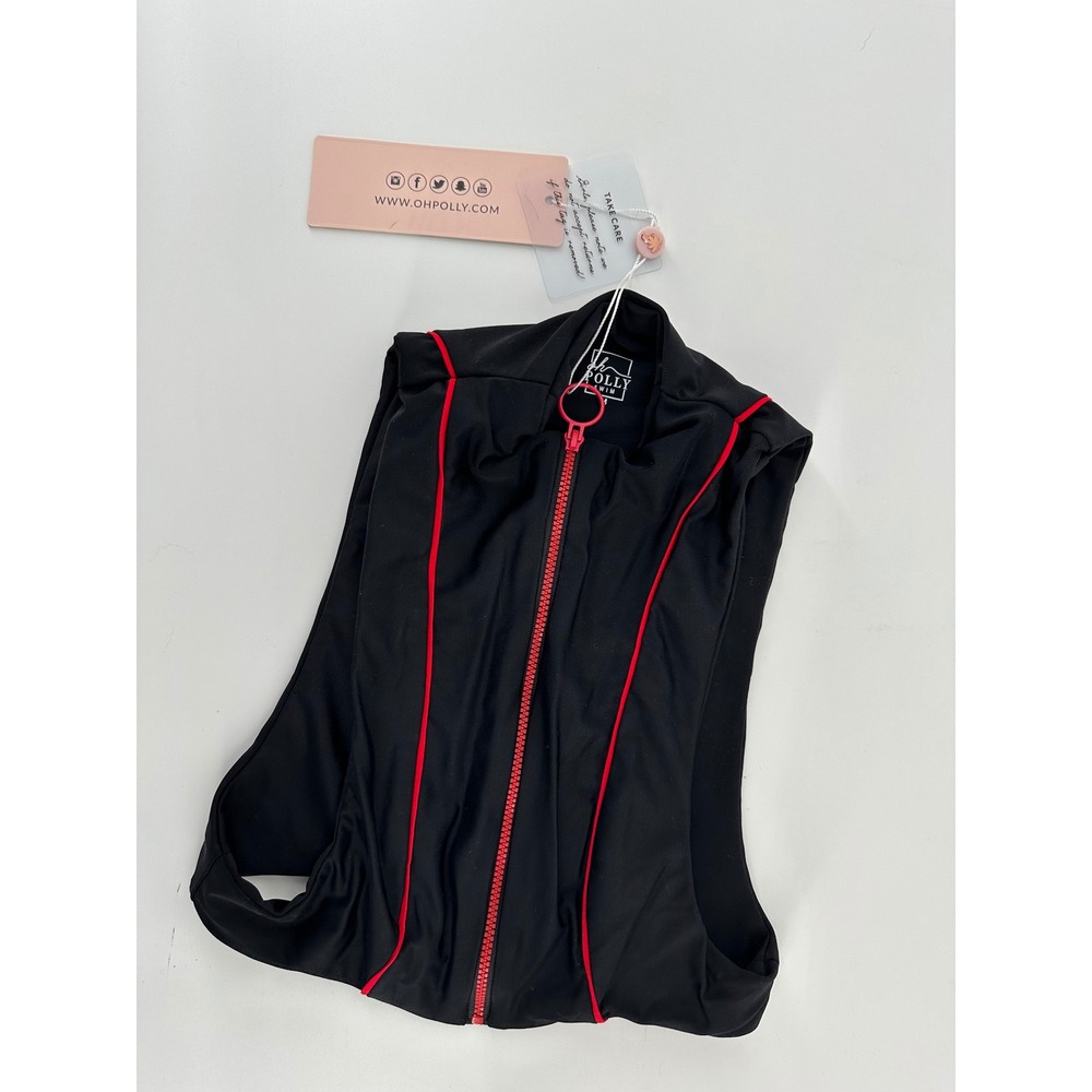 Oh Polly Swim Black Red Zip Front High Neck Sleeveless Bodysuit Medium NWT